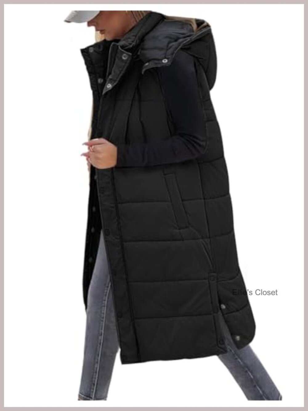 Long Quilted Puffer Vest Hooded Button Down Sleeveless Winter